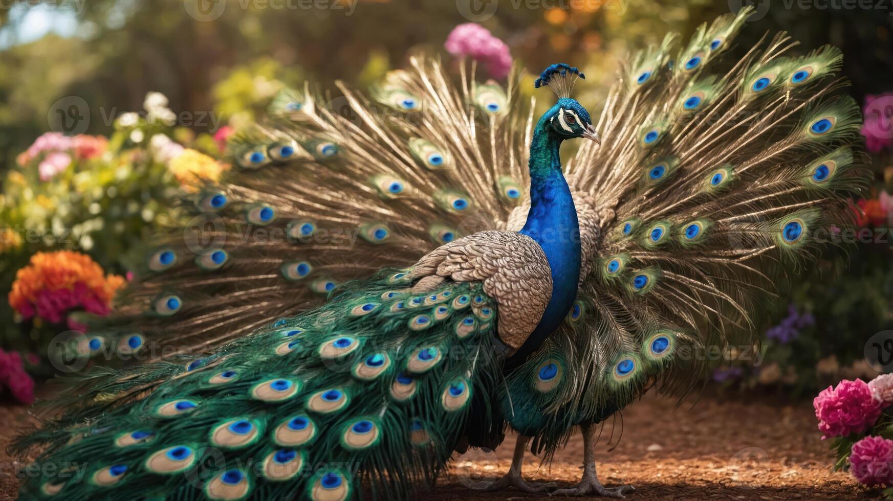 A vibrant peacock displaying its colorful feathers amidst a floral background. photo