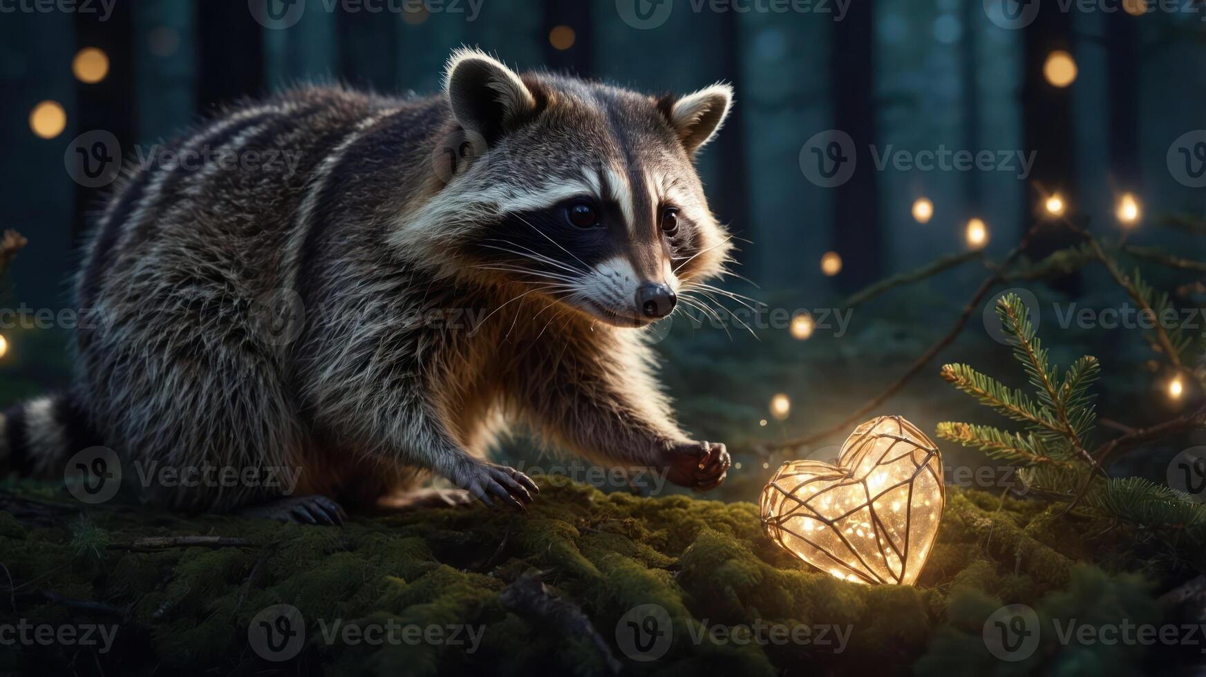 A raccoon curiously approaches a glowing heart-shaped decoration in a forest setting. photo