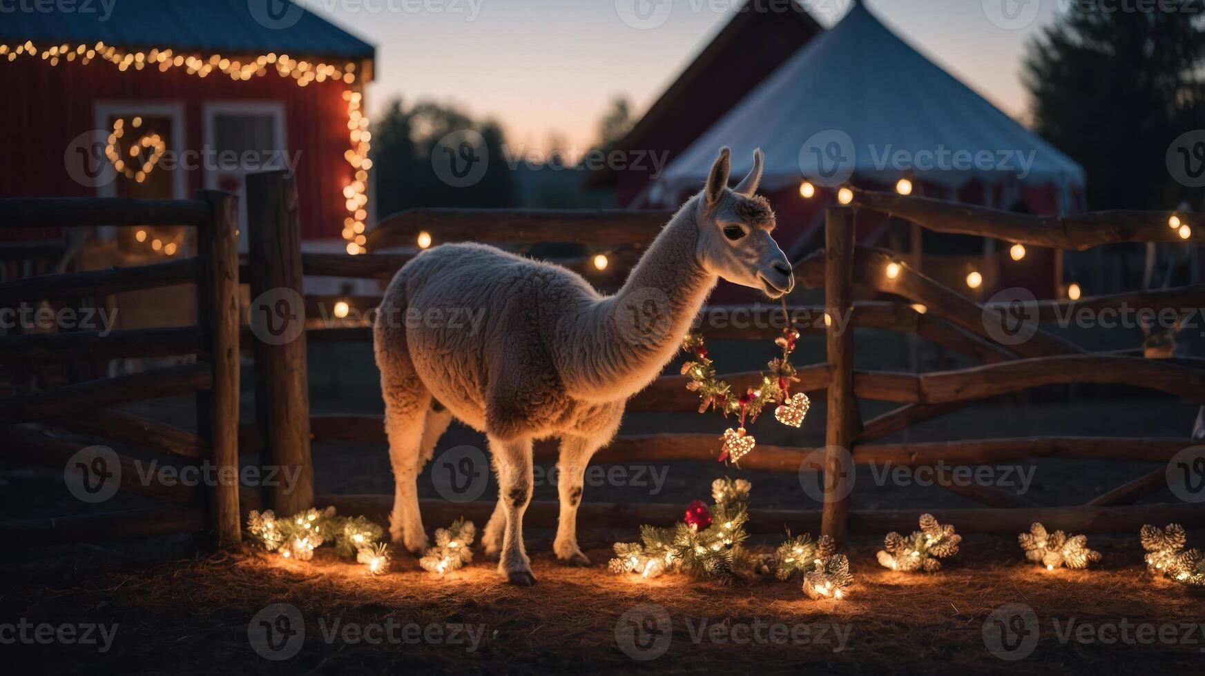 A festive llama stands by a fence adorned with lights and decorations at sunset. photo