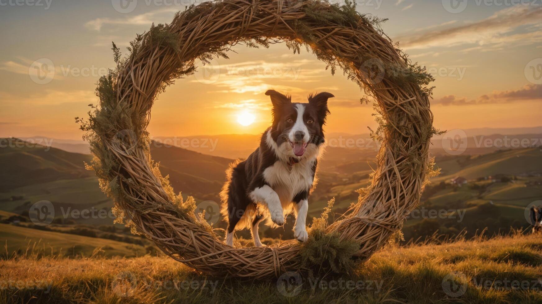 A playful dog jumps through a circular frame during a sunset in a scenic landscape. photo