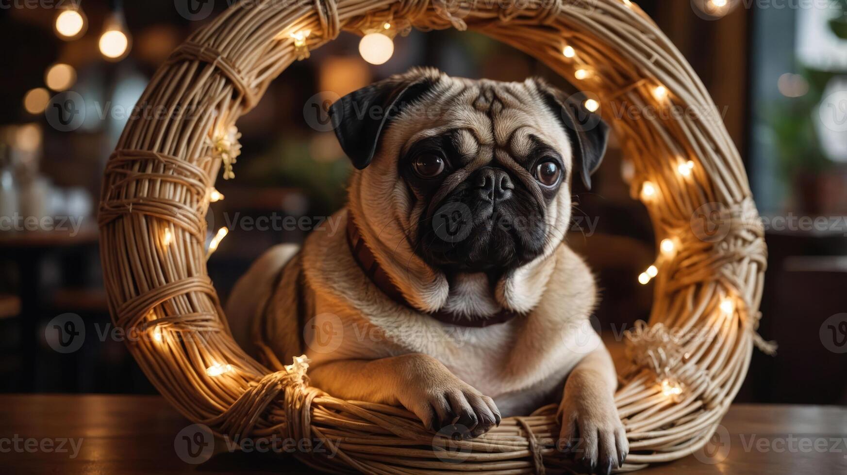 A pug resting inside a decorative wreath with lights, creating a cozy atmosphere. photo