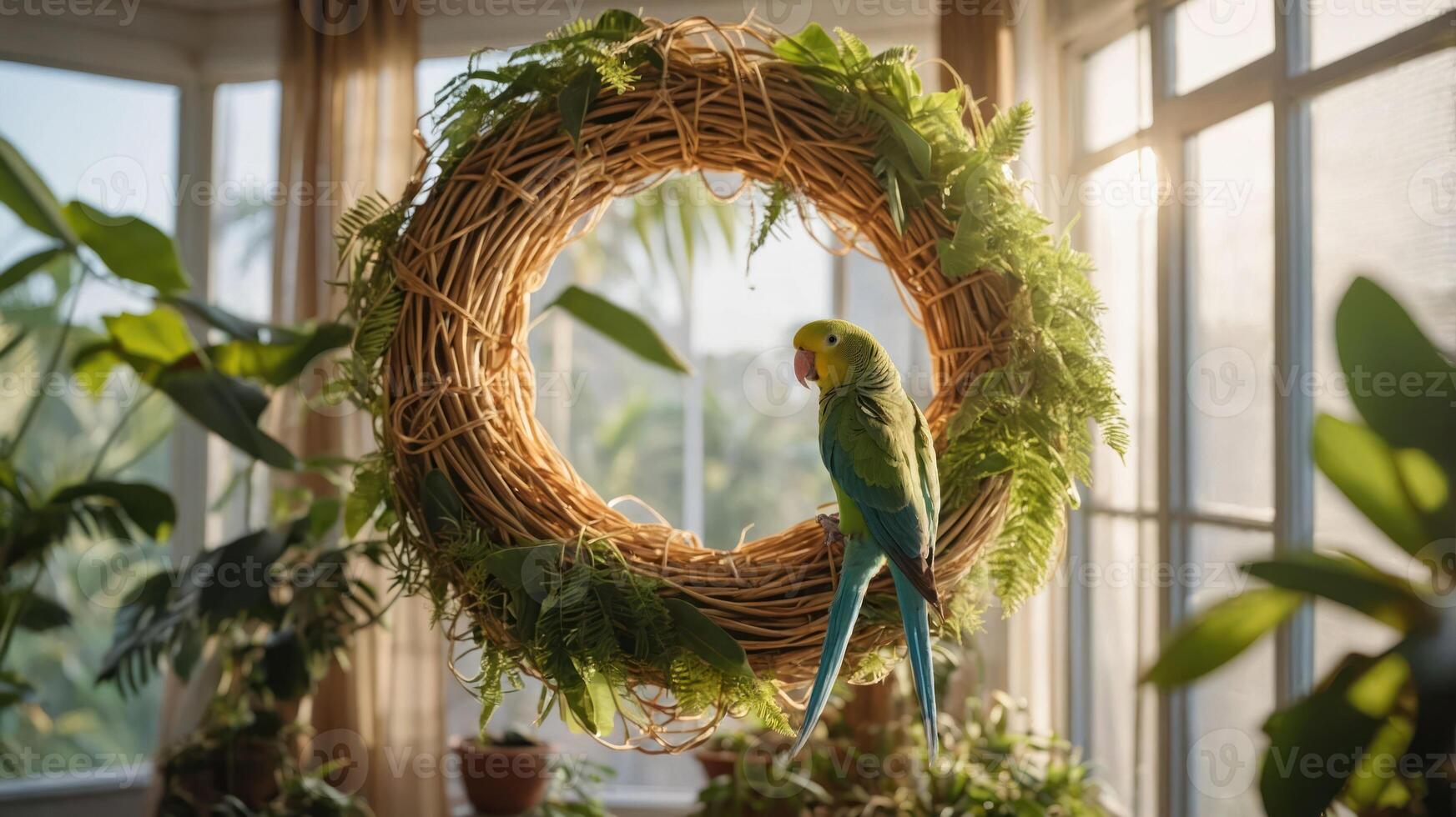 A vibrant parrot perched on a decorative wreath surrounded by lush indoor plants. photo