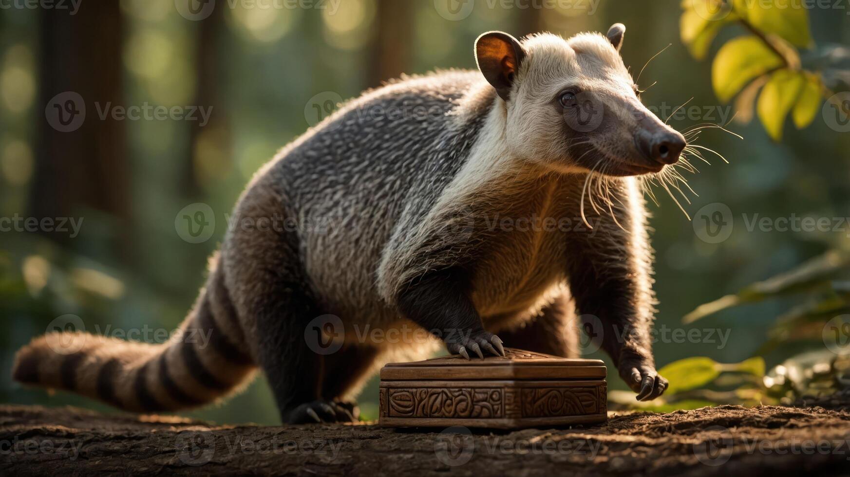A tapir stands on a wooden box in a lush forest setting. photo