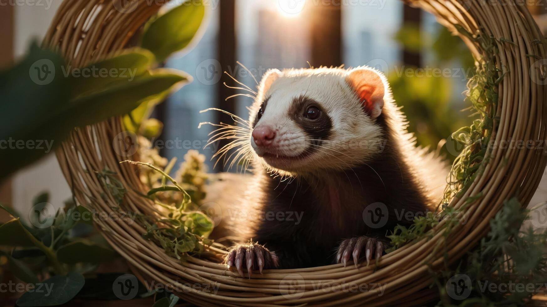 A playful ferret peeks through a woven basket surrounded by greenery in a cozy setting. photo