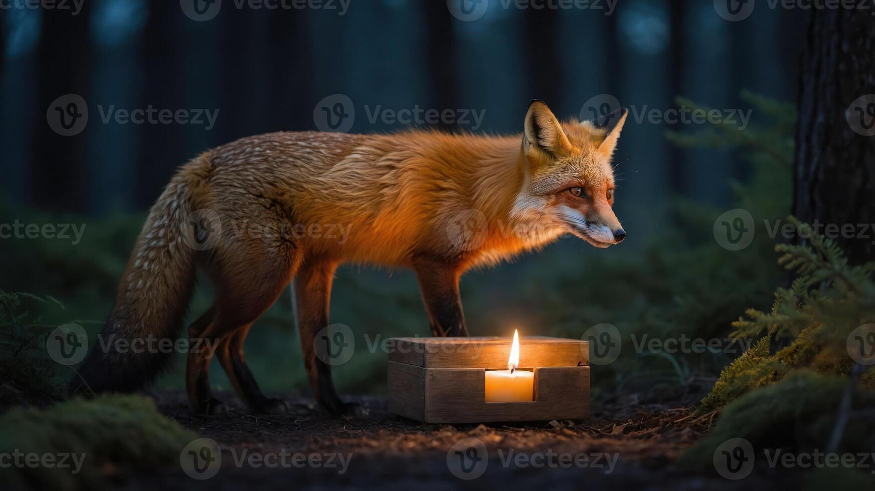 A fox curiously approaches a wooden box with a lit candle in a forest setting. photo
