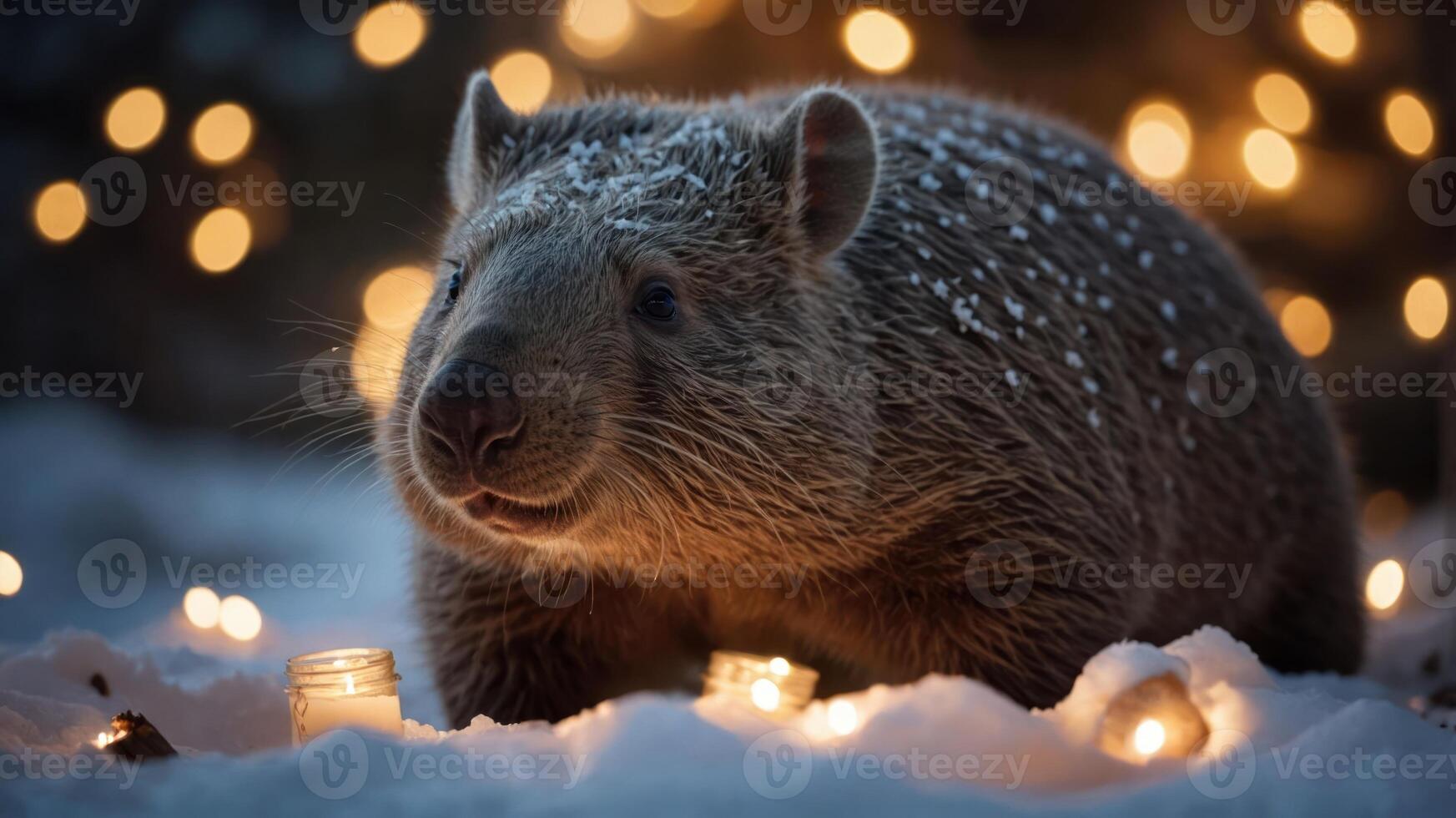 A cute wombat surrounded by snow and warm candlelight, creating a cozy winter atmosphere. photo