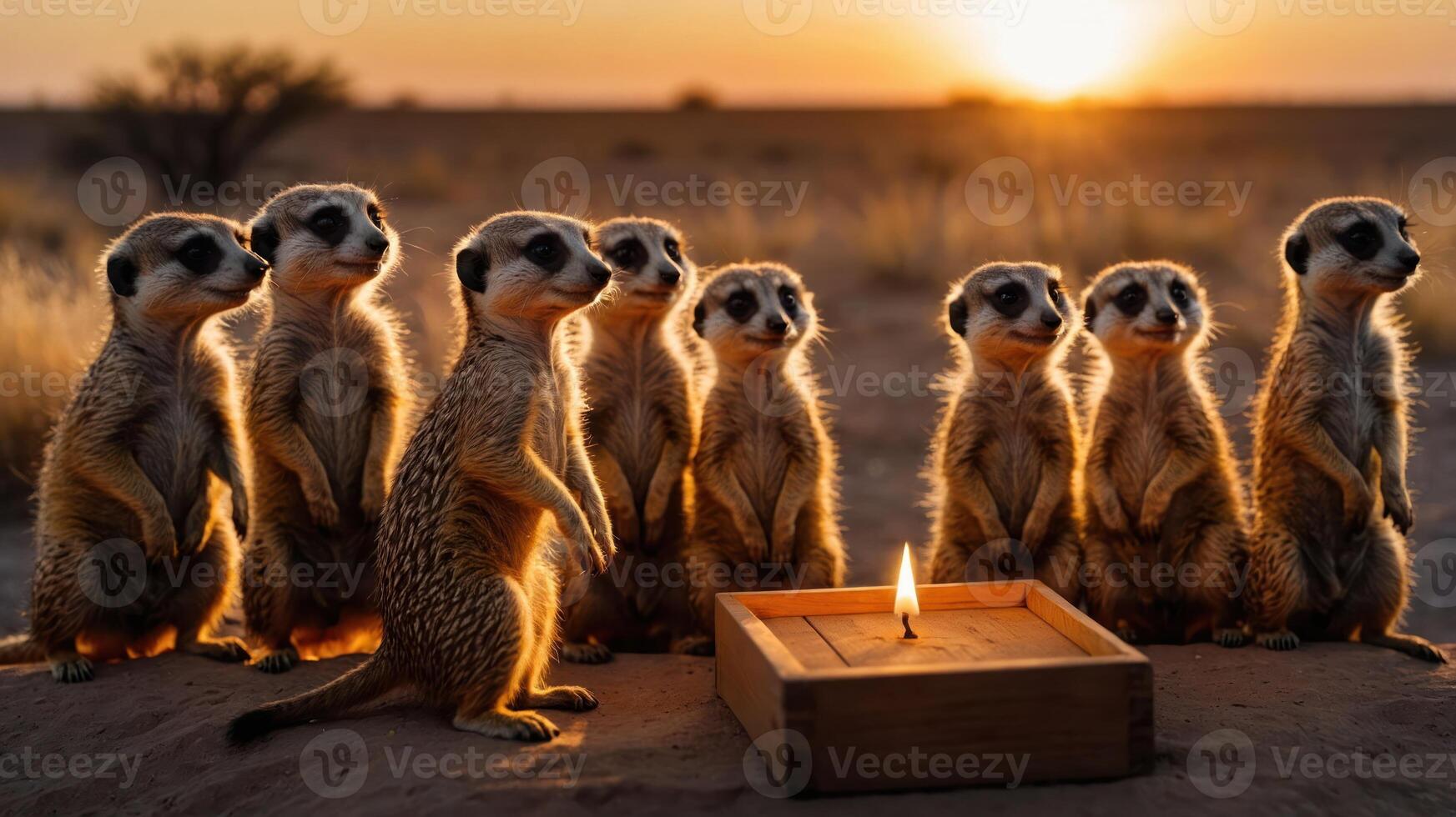 A group of meerkats stands in silhouette at sunset, with a candle in a wooden box nearby. photo