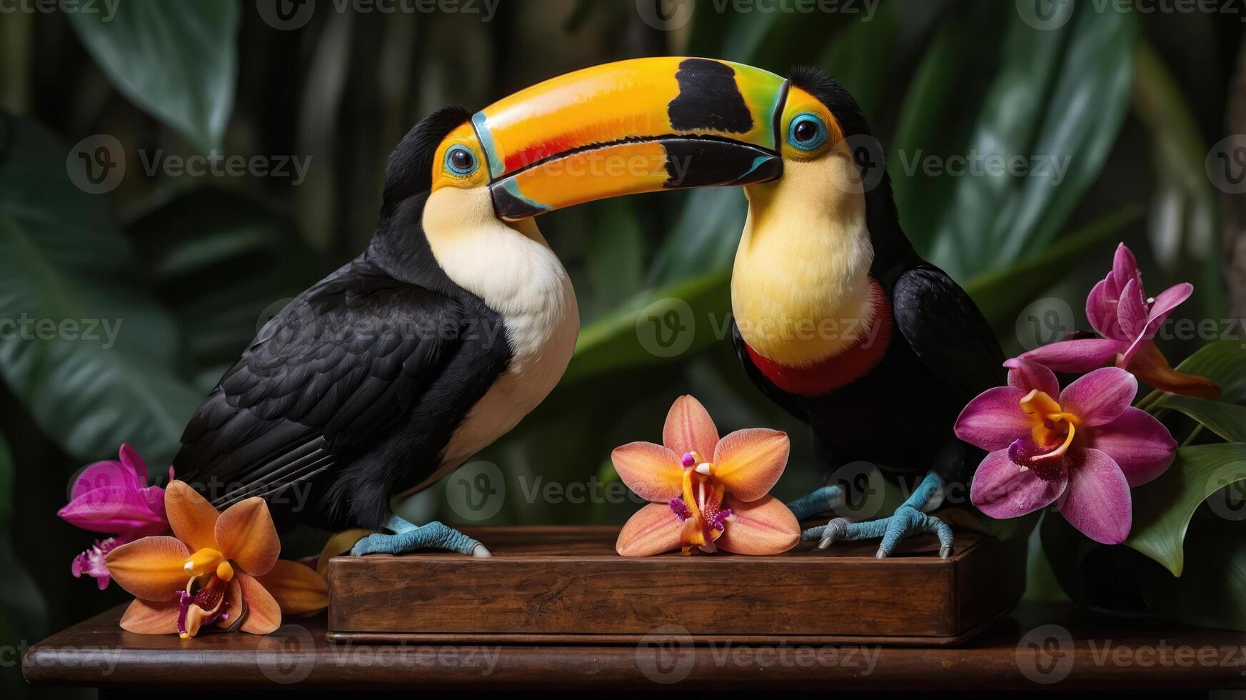 Two toucans facing each other with flowers in a tropical setting. photo
