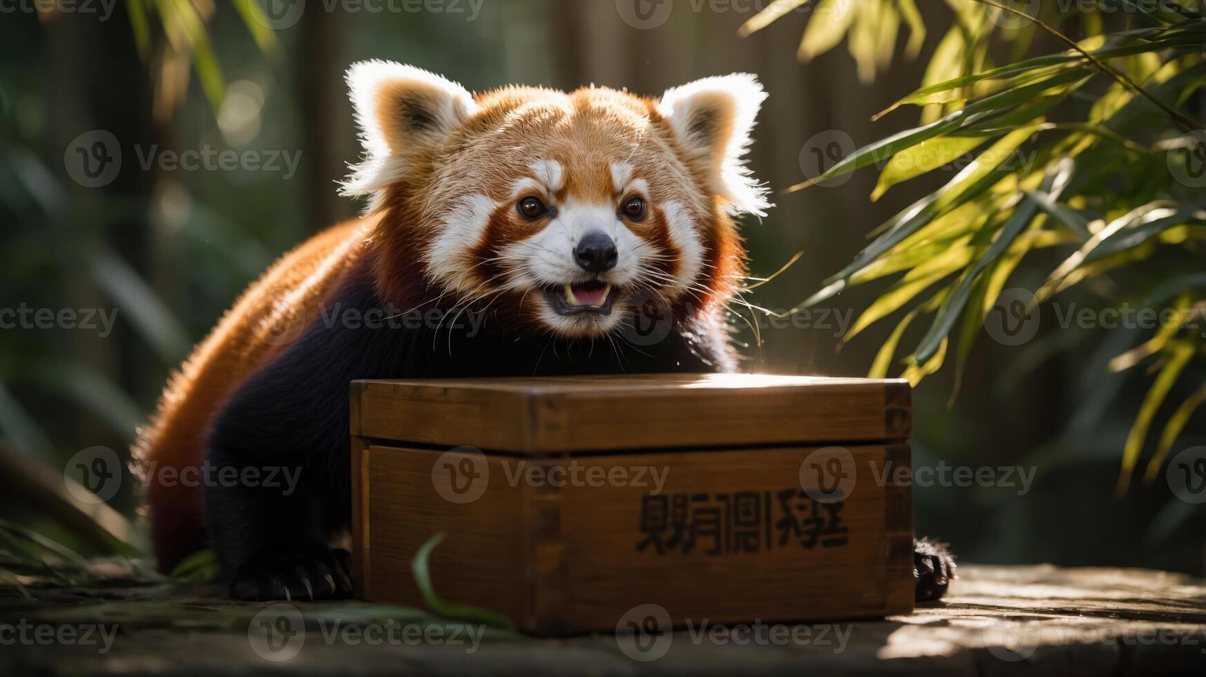 A red panda playfully interacting with a wooden box in a lush, green environment. photo