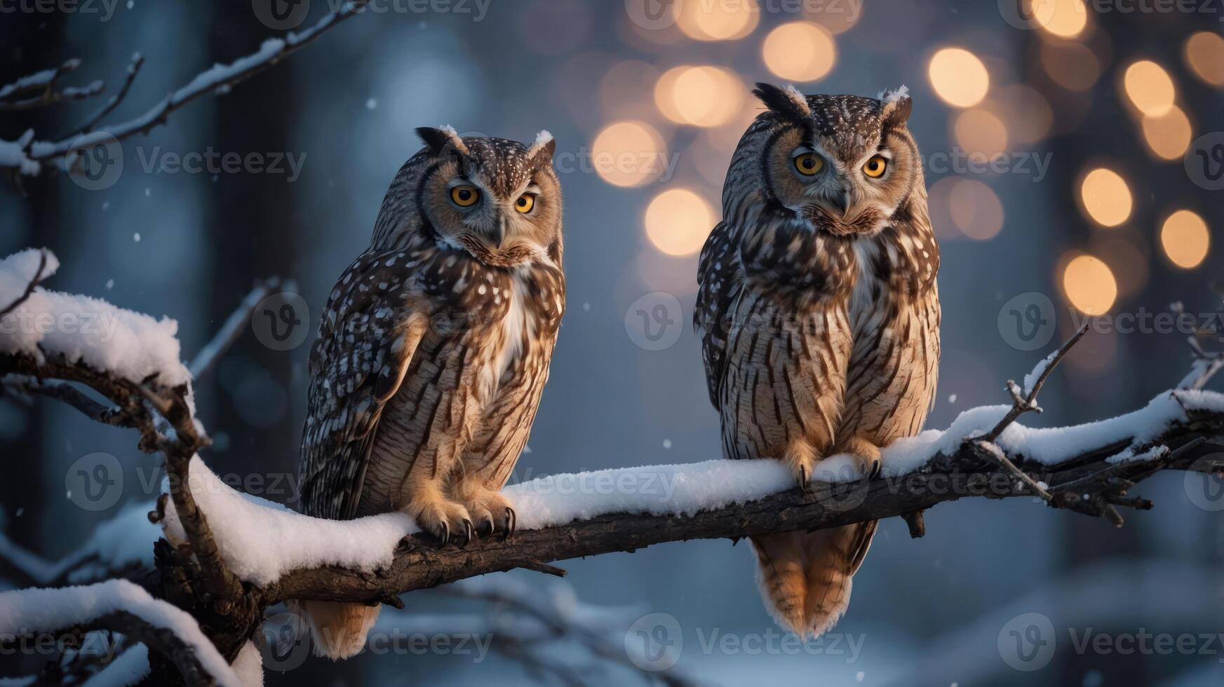 Two owls perched on a snowy branch with soft bokeh lights in the background. photo