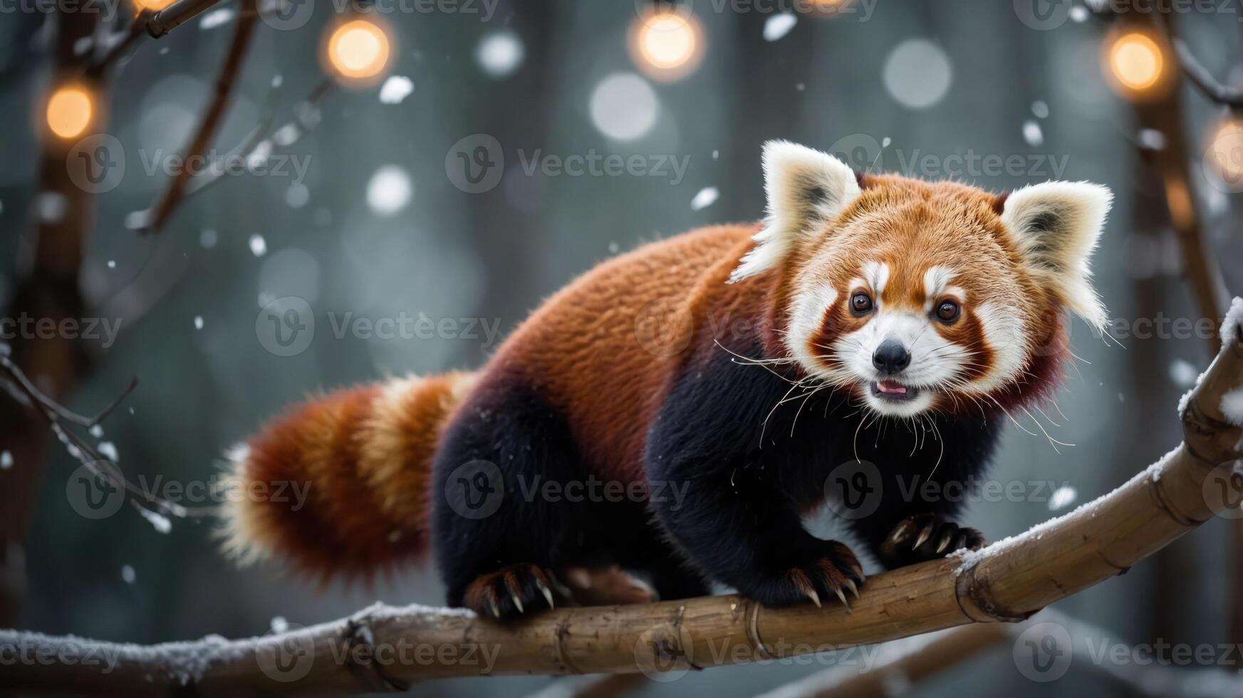 A red panda perched on a branch in a snowy forest, surrounded by soft glowing lights. photo