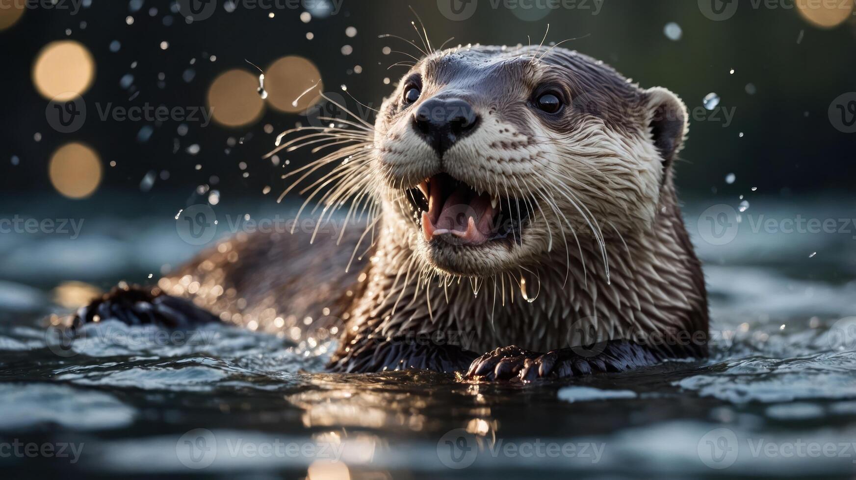 A playful otter emerges from the water, droplets glistening around it in a serene setting. photo