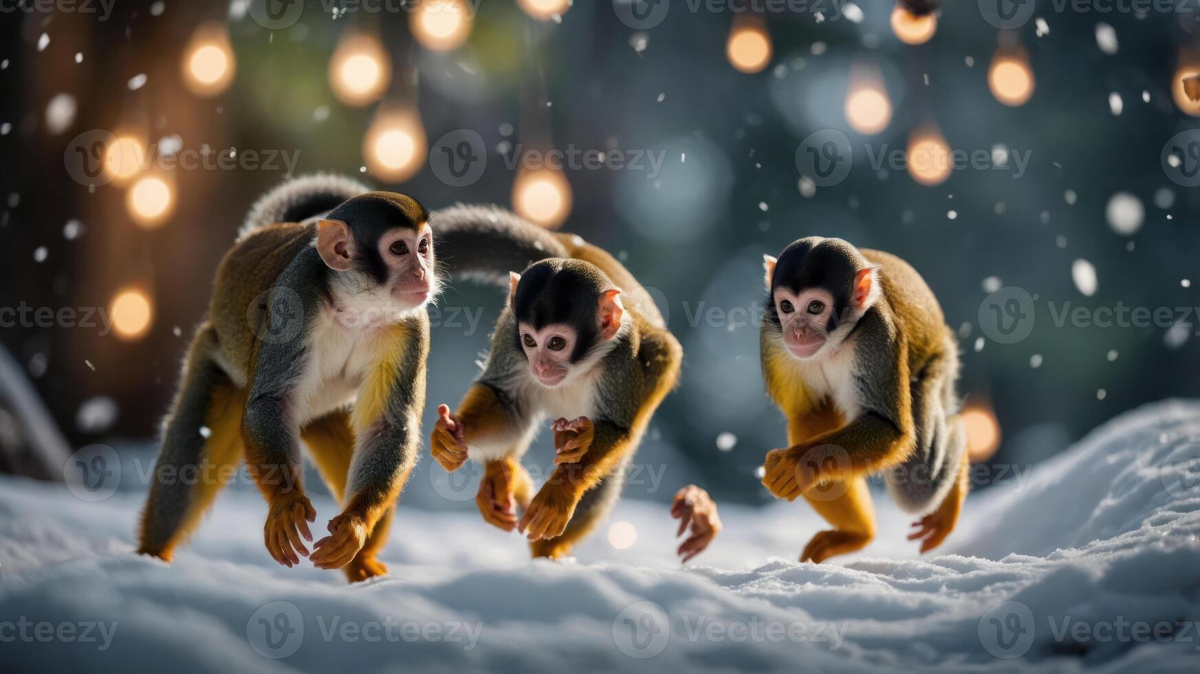 Three monkeys playfully running in the snow with festive lights in the background. photo