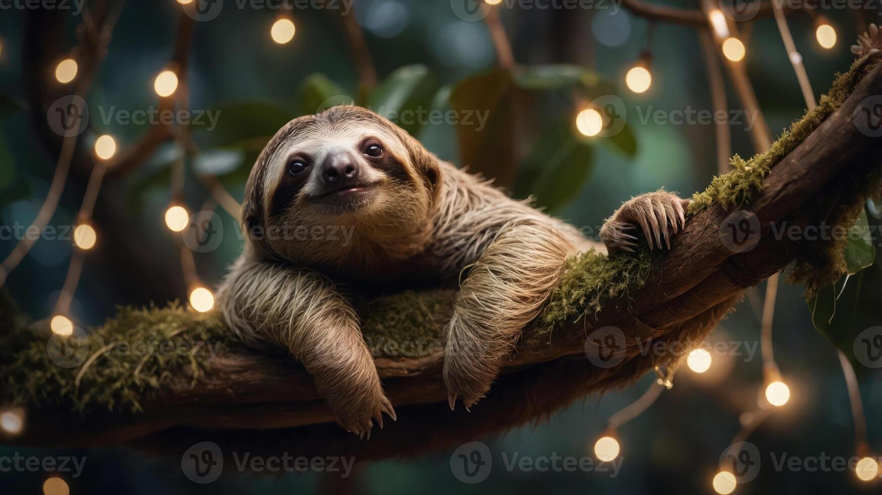 A sloth resting on a mossy branch surrounded by soft, glowing lights in a lush environment. photo