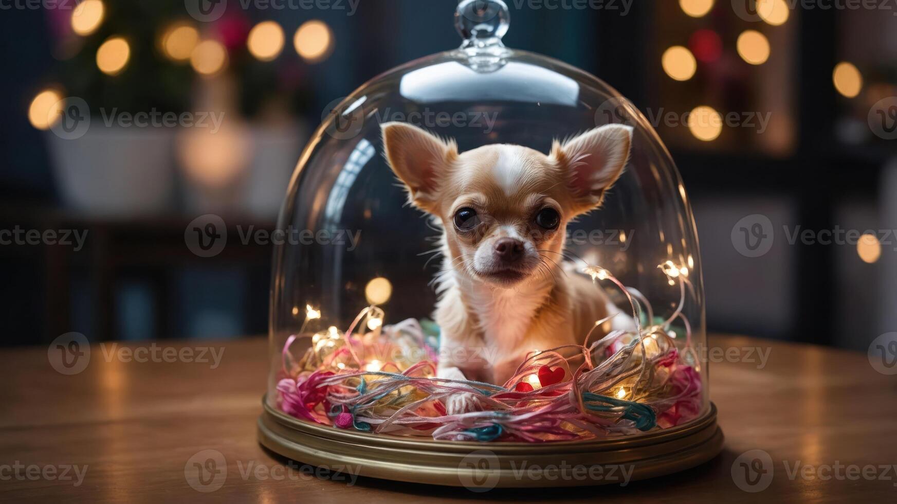 A Chihuahua sits inside a glass dome surrounded by colorful lights and decorations. photo