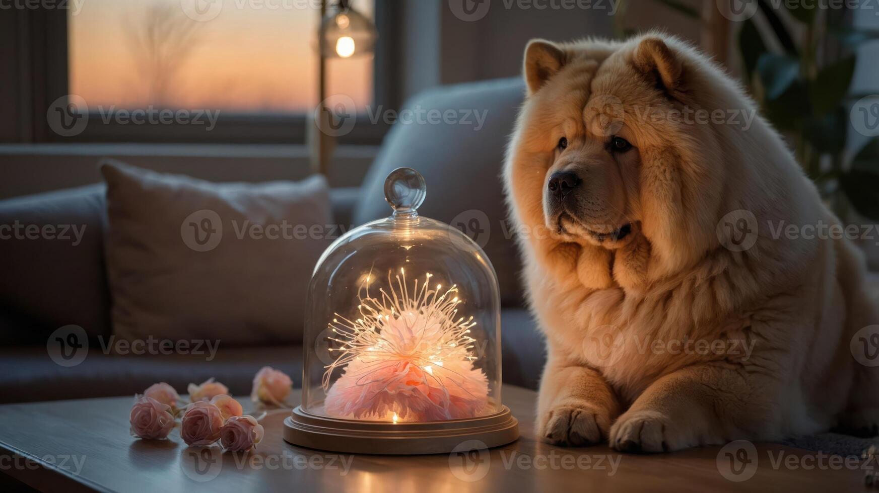 A cozy scene featuring a fluffy dog beside a decorative glass dome with lights. photo