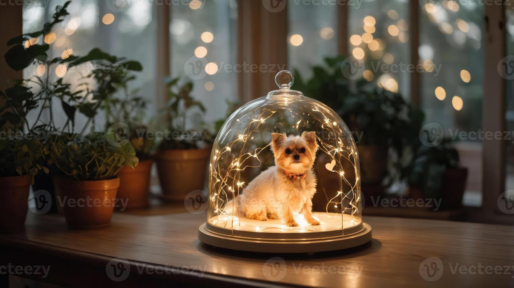 A small dog sits inside a glass dome with fairy lights, surrounded by plants and warm ambiance. photo