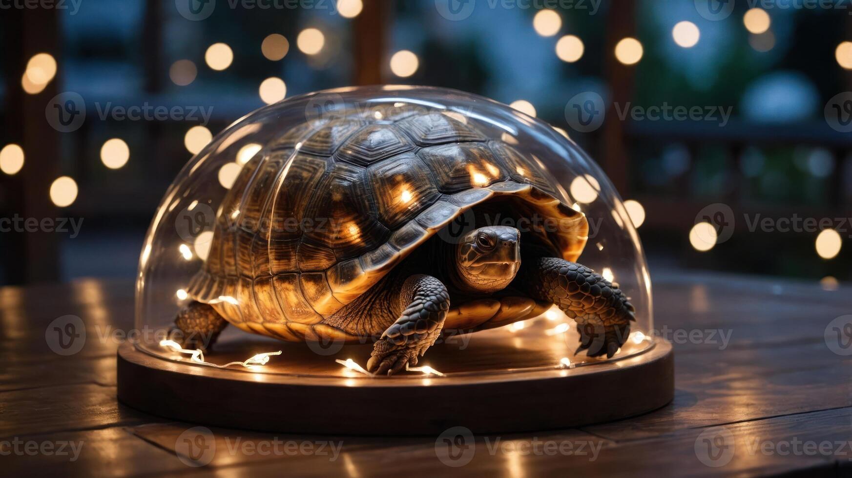 A turtle under a glass dome adorned with fairy lights, creating a whimsical atmosphere. photo