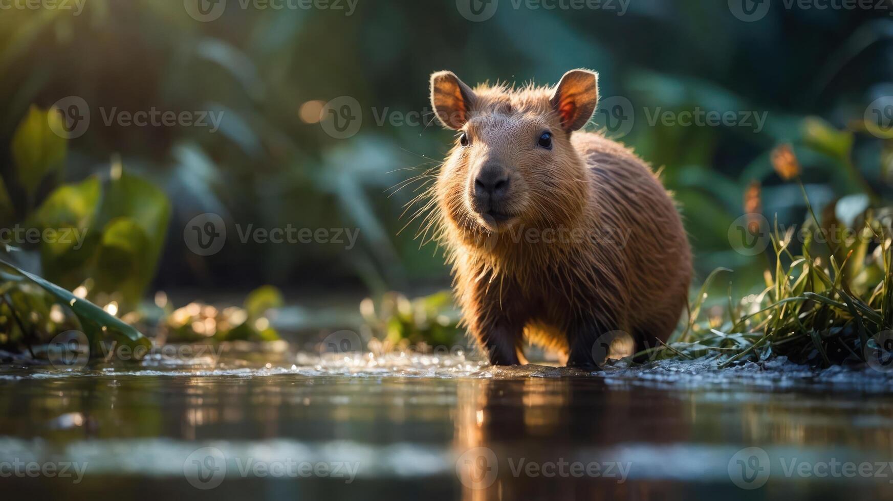 A capybara stands in shallow water surrounded by lush greenery, illuminated by soft sunlight. photo