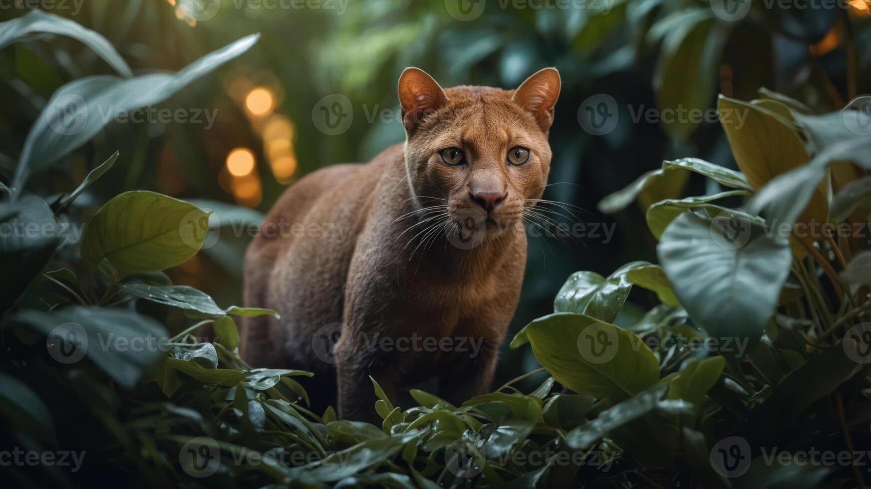 A close-up of a brown cat in lush greenery, showcasing its alert expression. photo