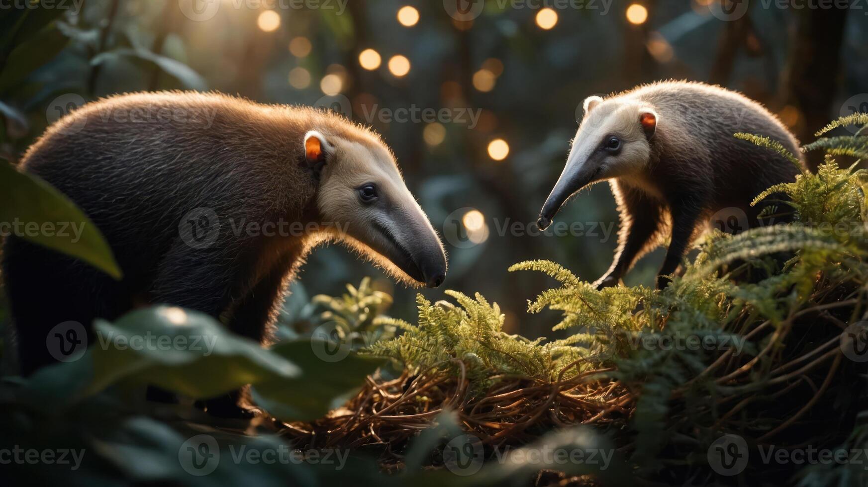Two anteaters in a lush, green environment with soft lighting and natural elements. photo