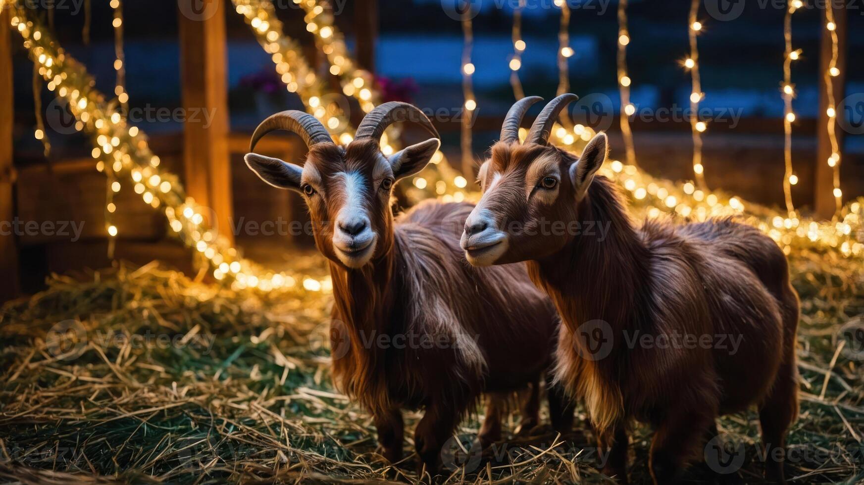 Two goats standing in a cozy barn decorated with fairy lights. photo