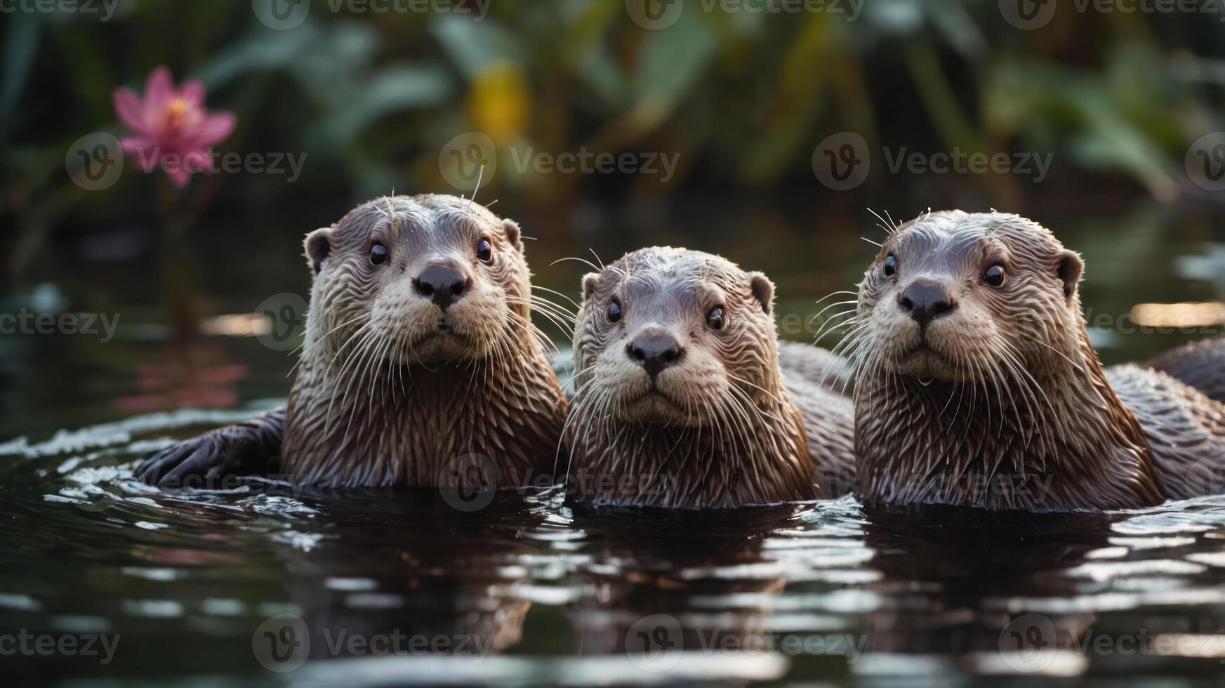 Three otters swimming together in a serene water setting with lily pads. photo