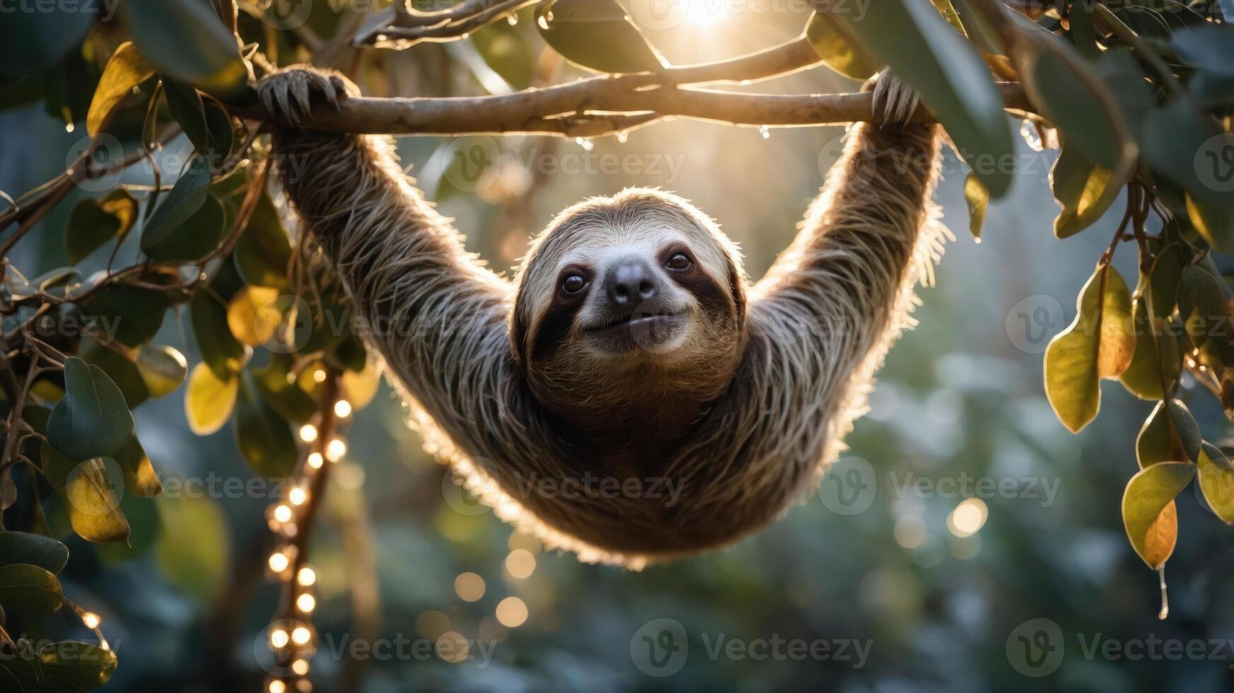 A sloth hanging from a branch, illuminated by soft sunlight in a lush environment. photo