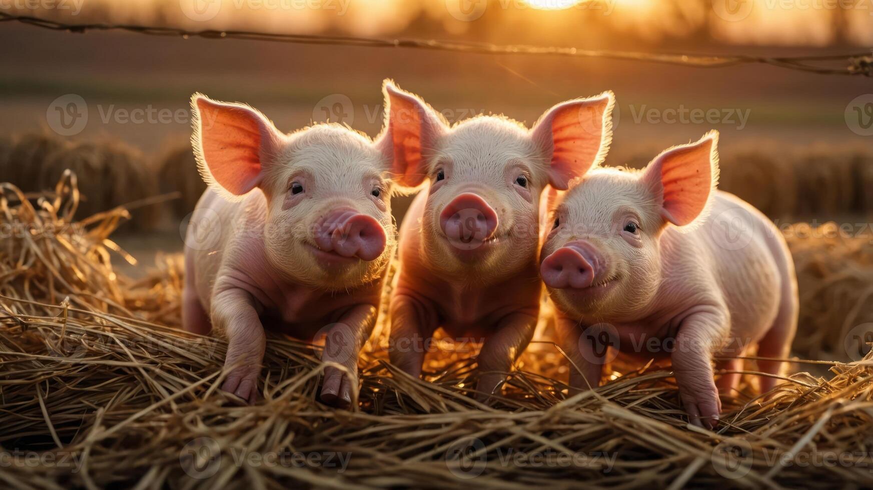 Three playful piglets resting on straw during sunset. photo