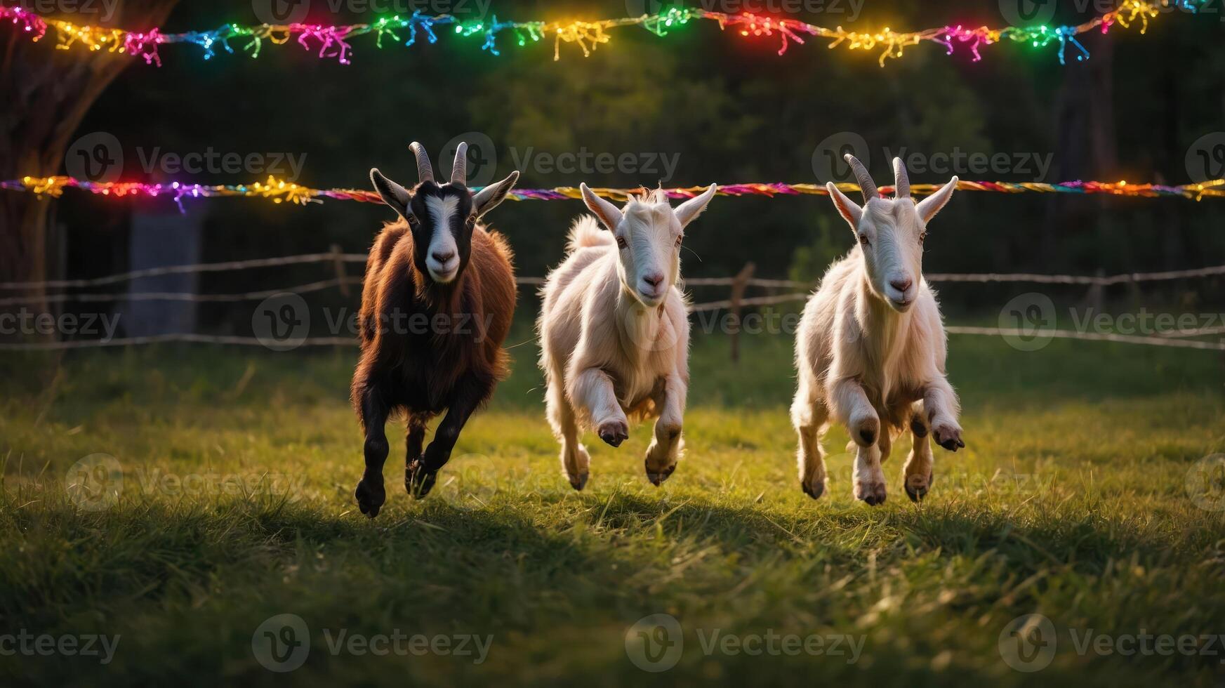 Three goats running joyfully under colorful string lights in a grassy field. photo