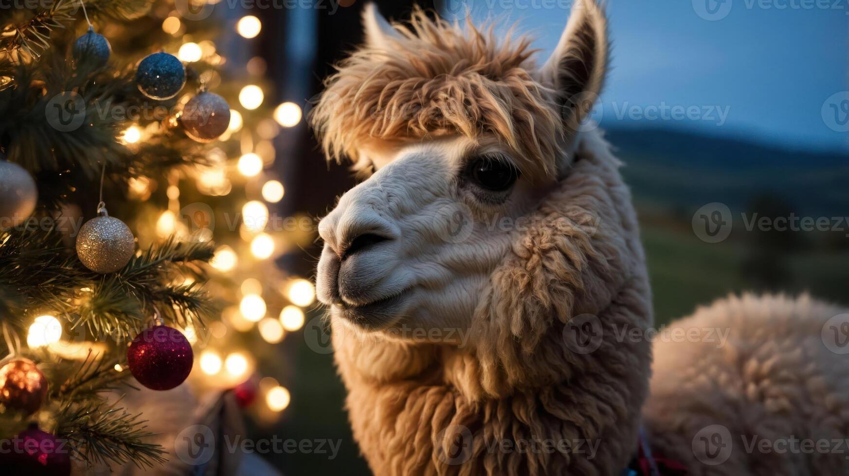 A fluffy llama beside a decorated Christmas tree with soft lights in a serene landscape. photo