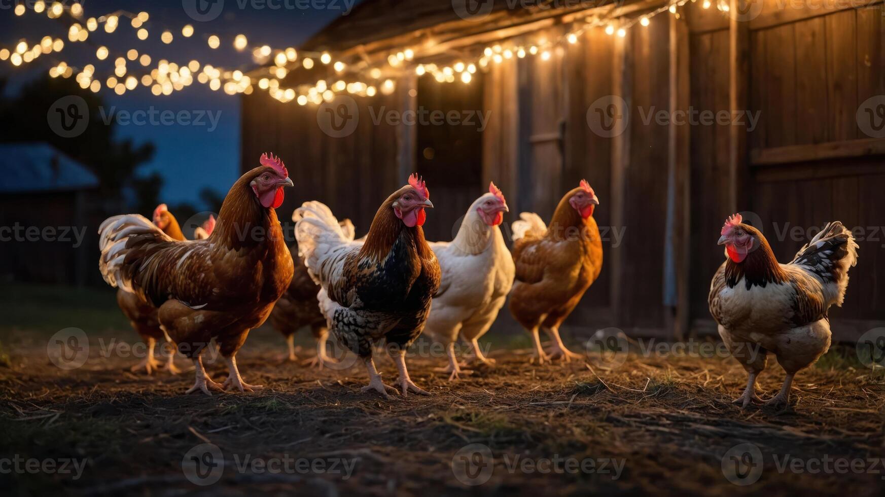 A group of chickens walking near a barn illuminated by string lights at dusk. photo