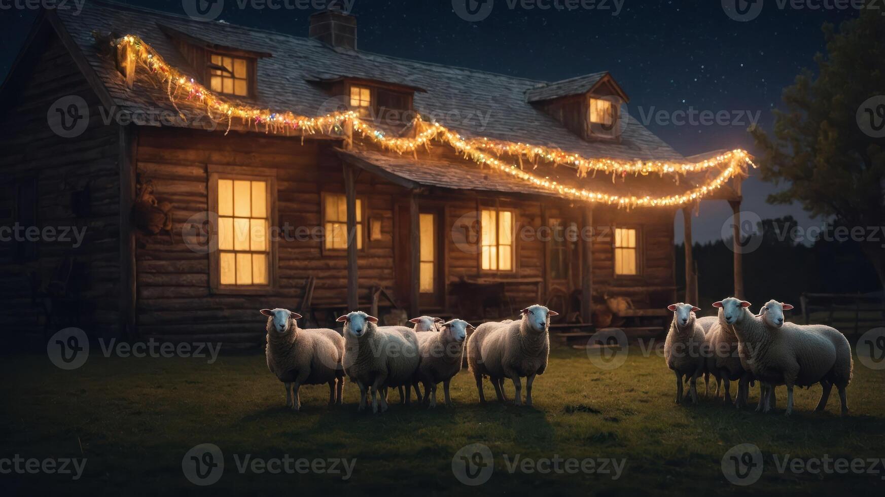 A cozy farmhouse illuminated by string lights, with sheep gathered in the foreground at night. photo