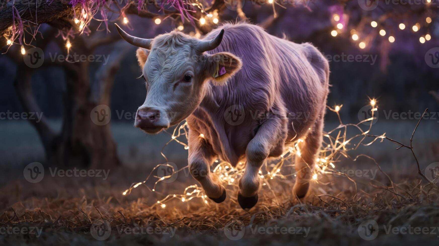 A playful cow leaps through glowing lights in a serene, twilight setting. photo