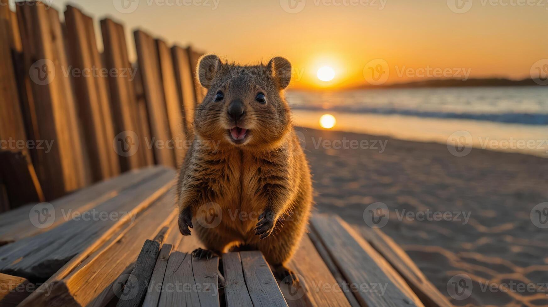 A cute animal stands on wooden planks at sunset by the beach, creating a serene atmosphere. photo