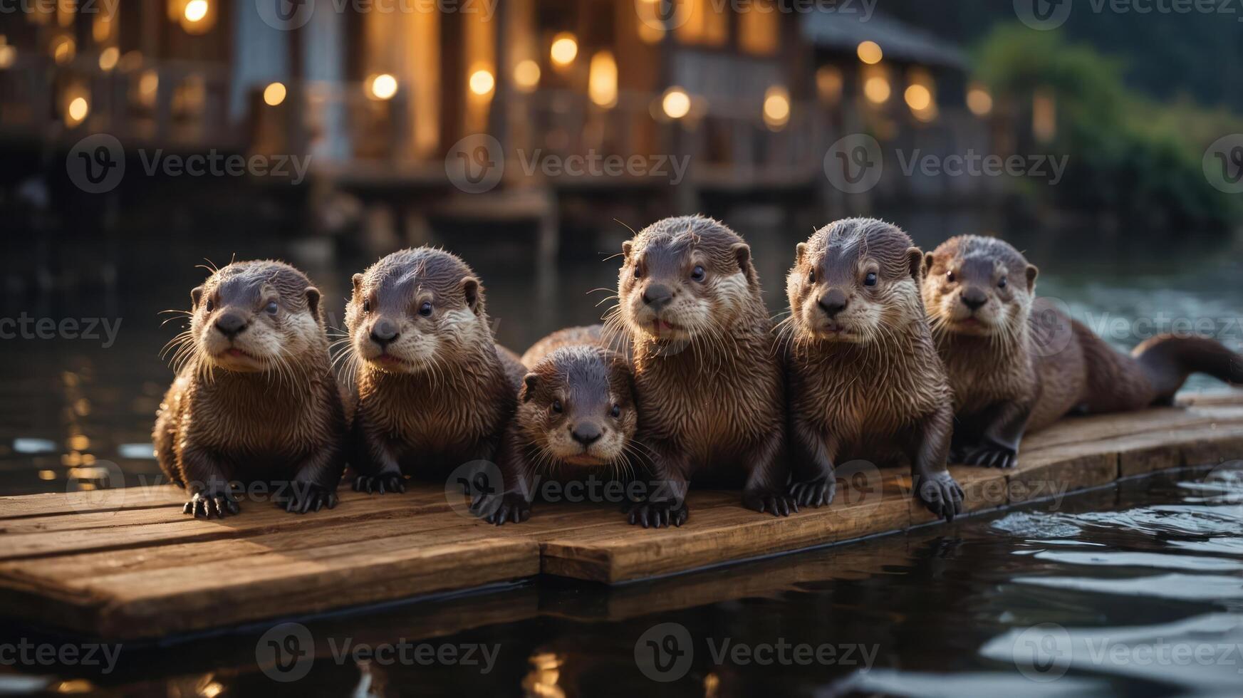 A group of six otters lounging on a wooden platform by the water. photo