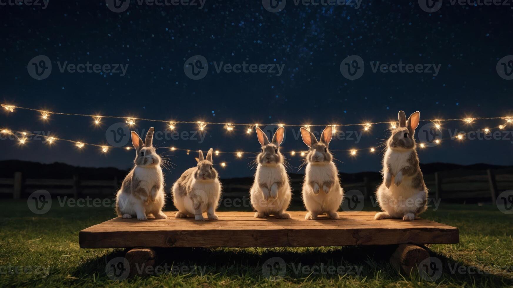 Five rabbits sitting on a wooden platform under string lights at night. photo
