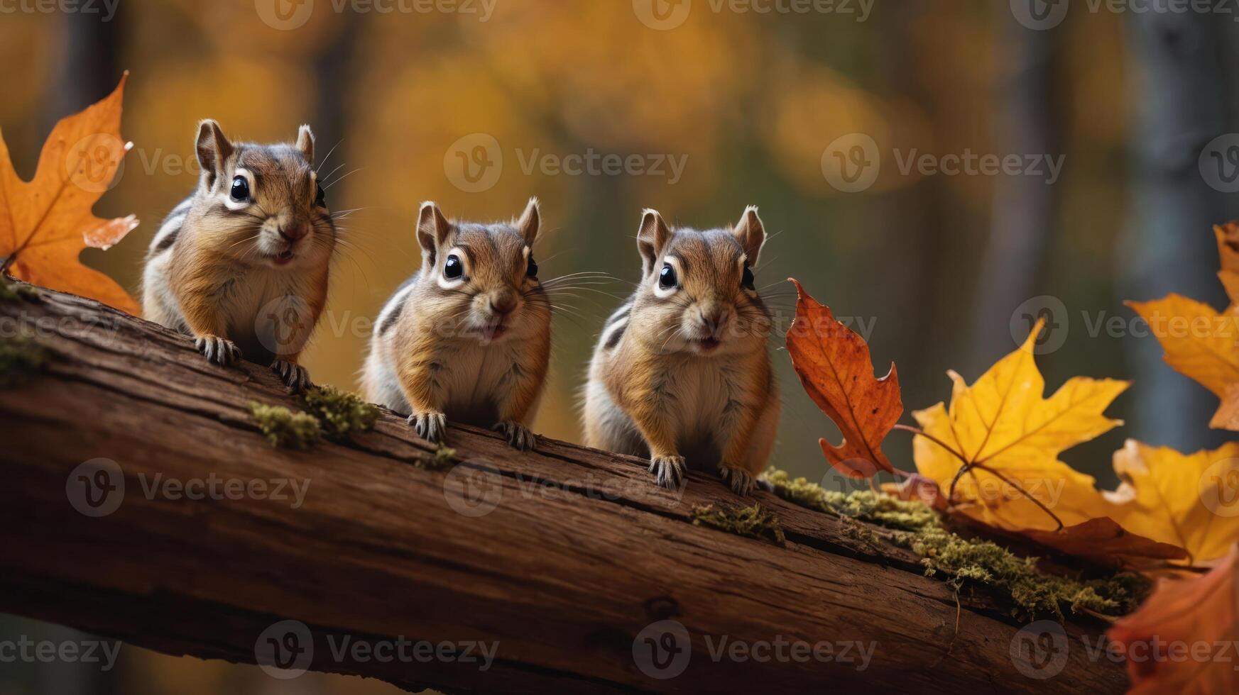 Three chipmunks perched on a log surrounded by autumn leaves in a forest setting. photo