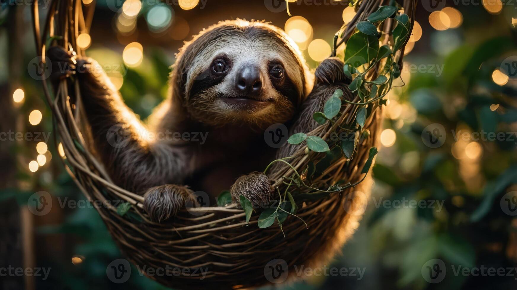 A sloth relaxes in a woven hammock surrounded by greenery and soft lights. photo