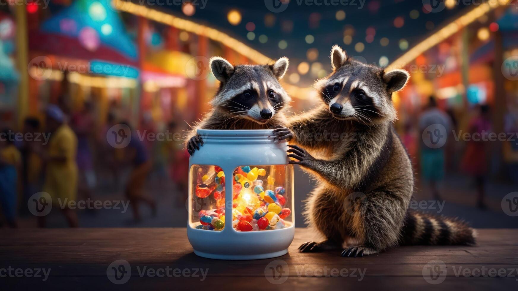 Two raccoons curiously examine a jar filled with colorful candies at a festive night scene. photo