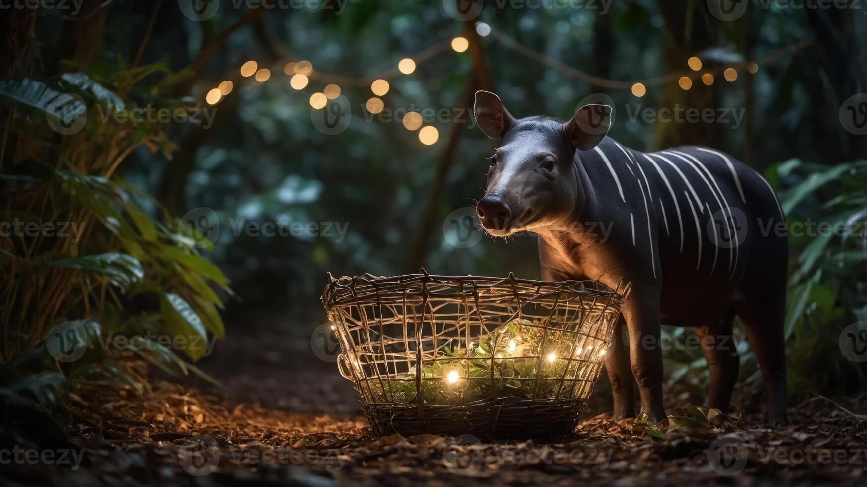 A tapir stands near a basket of glowing lights in a lush, dark forest. photo