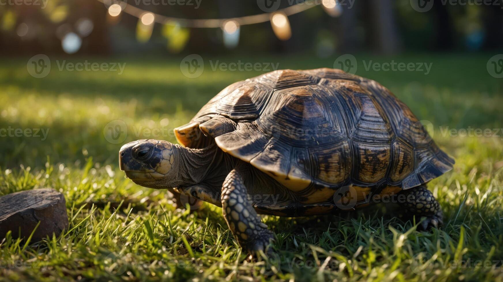 A tortoise walking on grass with soft lighting and decorative string lights in the background. photo
