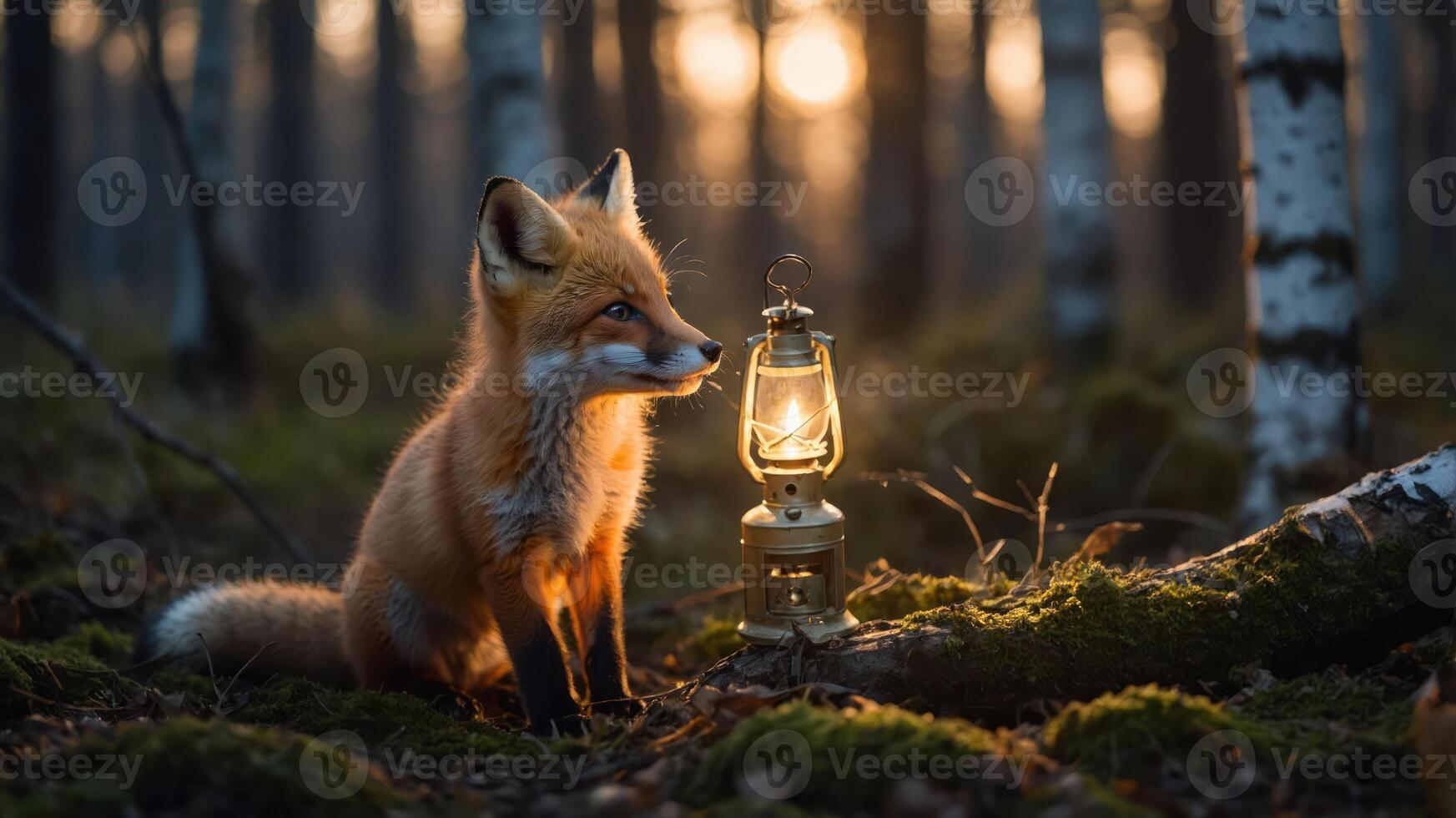 A fox sits beside a glowing lantern in a serene forest at sunset. photo