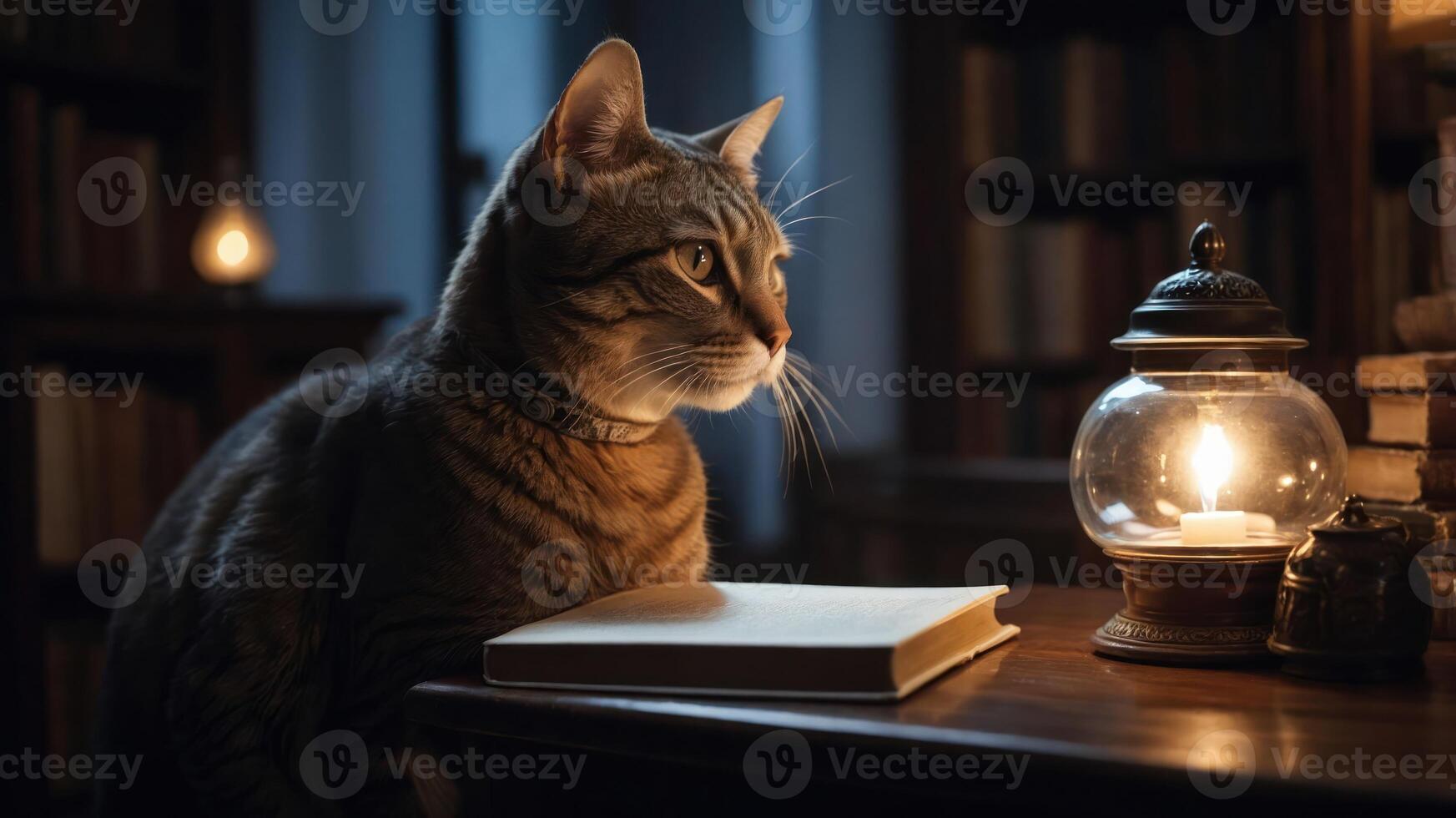 A contemplative cat sits beside a glowing lantern and an open book in a cozy library setting. photo