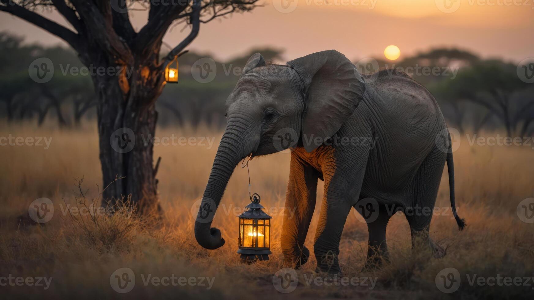 An elephant carrying a lantern at sunset in a savanna landscape. photo