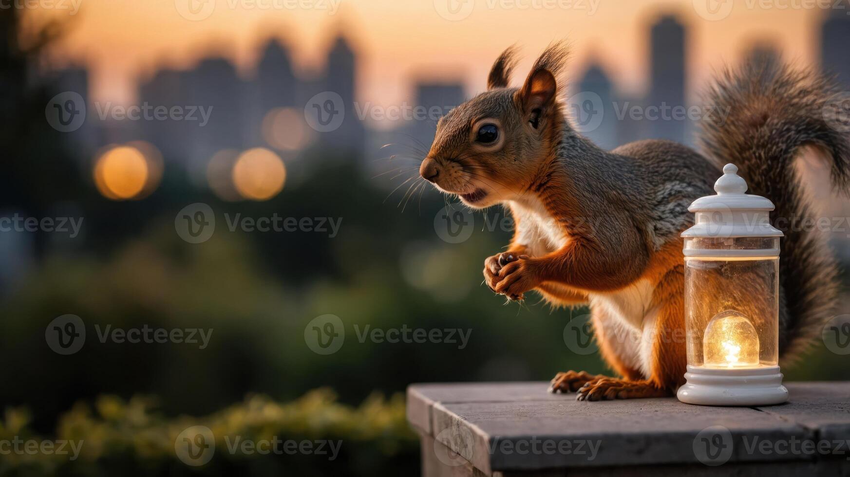 A squirrel perched beside a glowing lantern with a city skyline in the background at sunset. photo