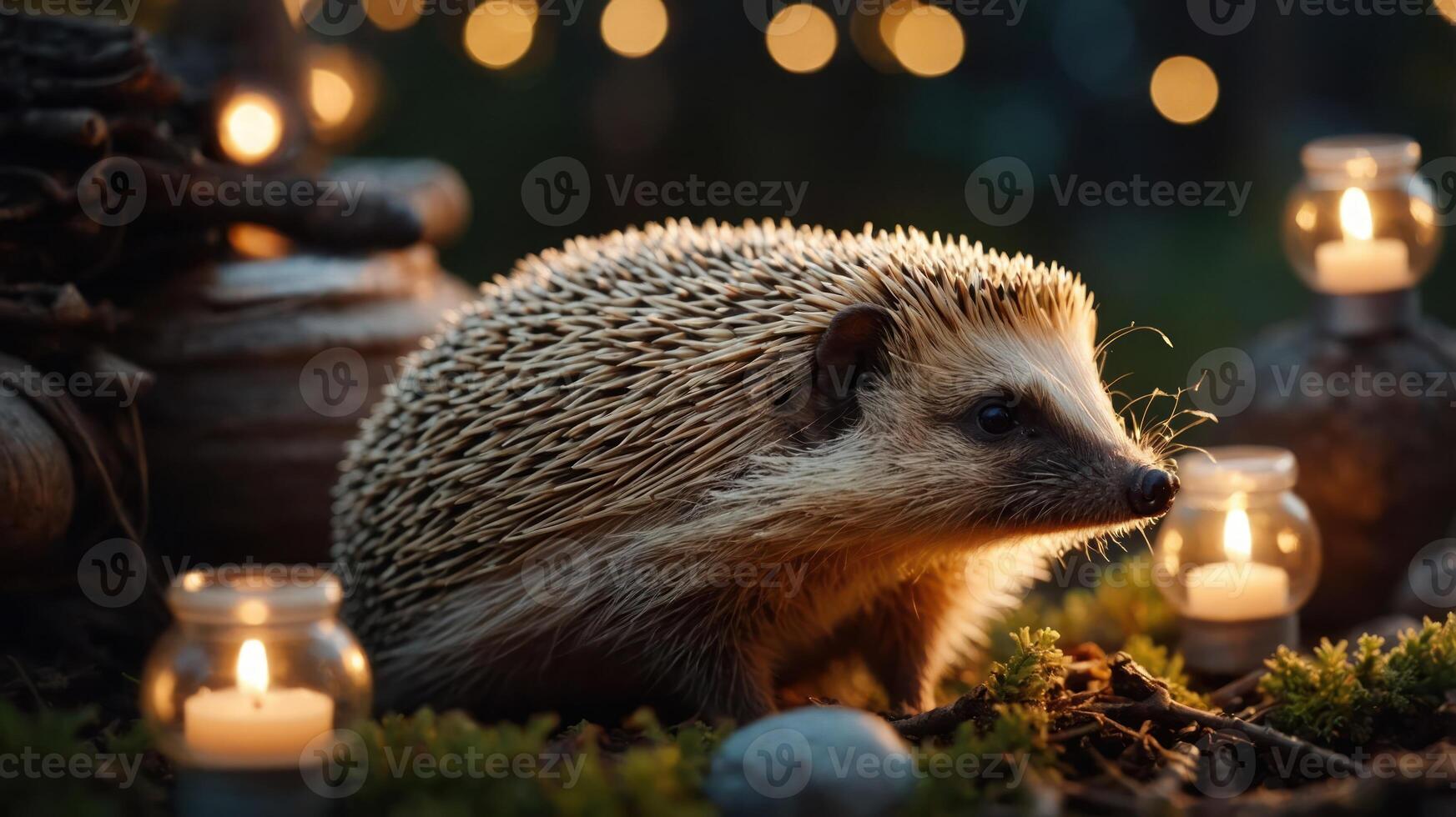 A hedgehog surrounded by soft lighting and natural elements, creating a cozy atmosphere. photo