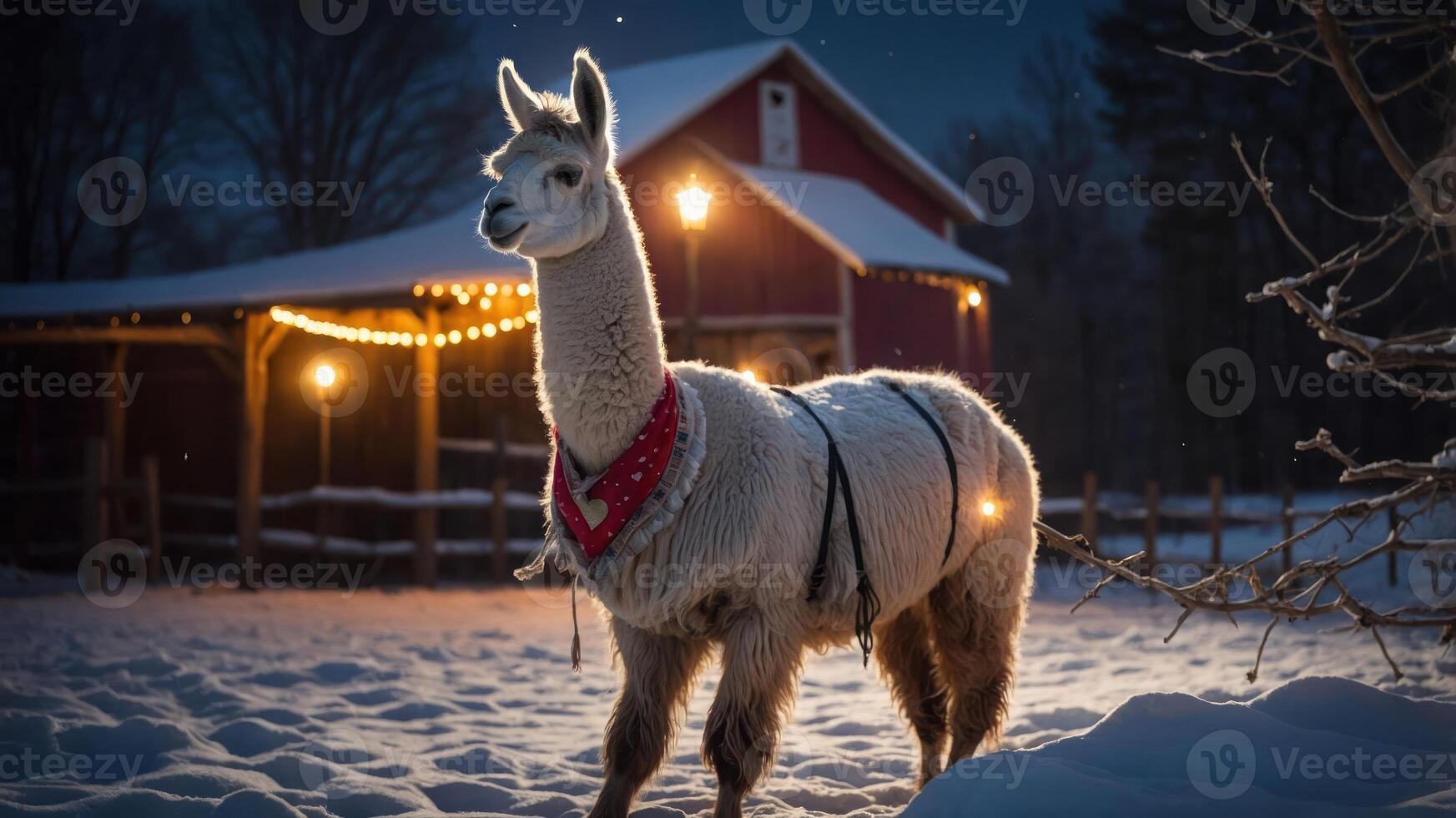 A llama adorned with lights stands in the snow near a barn, creating a festive winter scene. photo