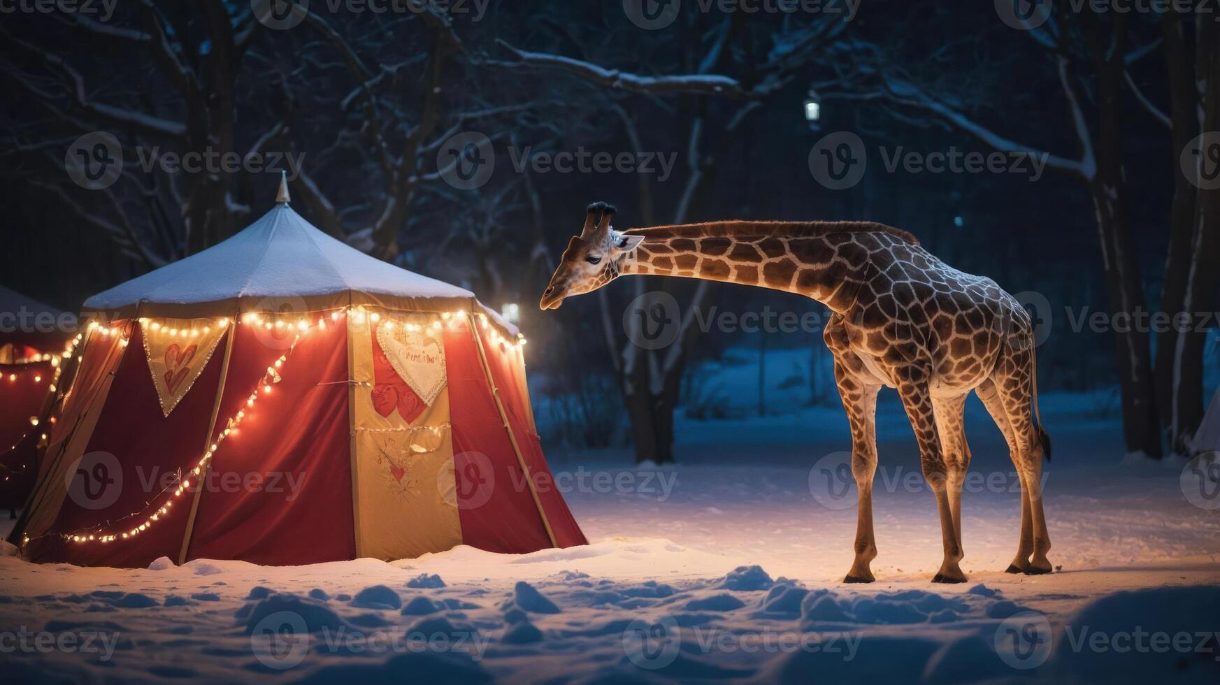 A giraffe stands near a festive tent in a snowy landscape at night. photo