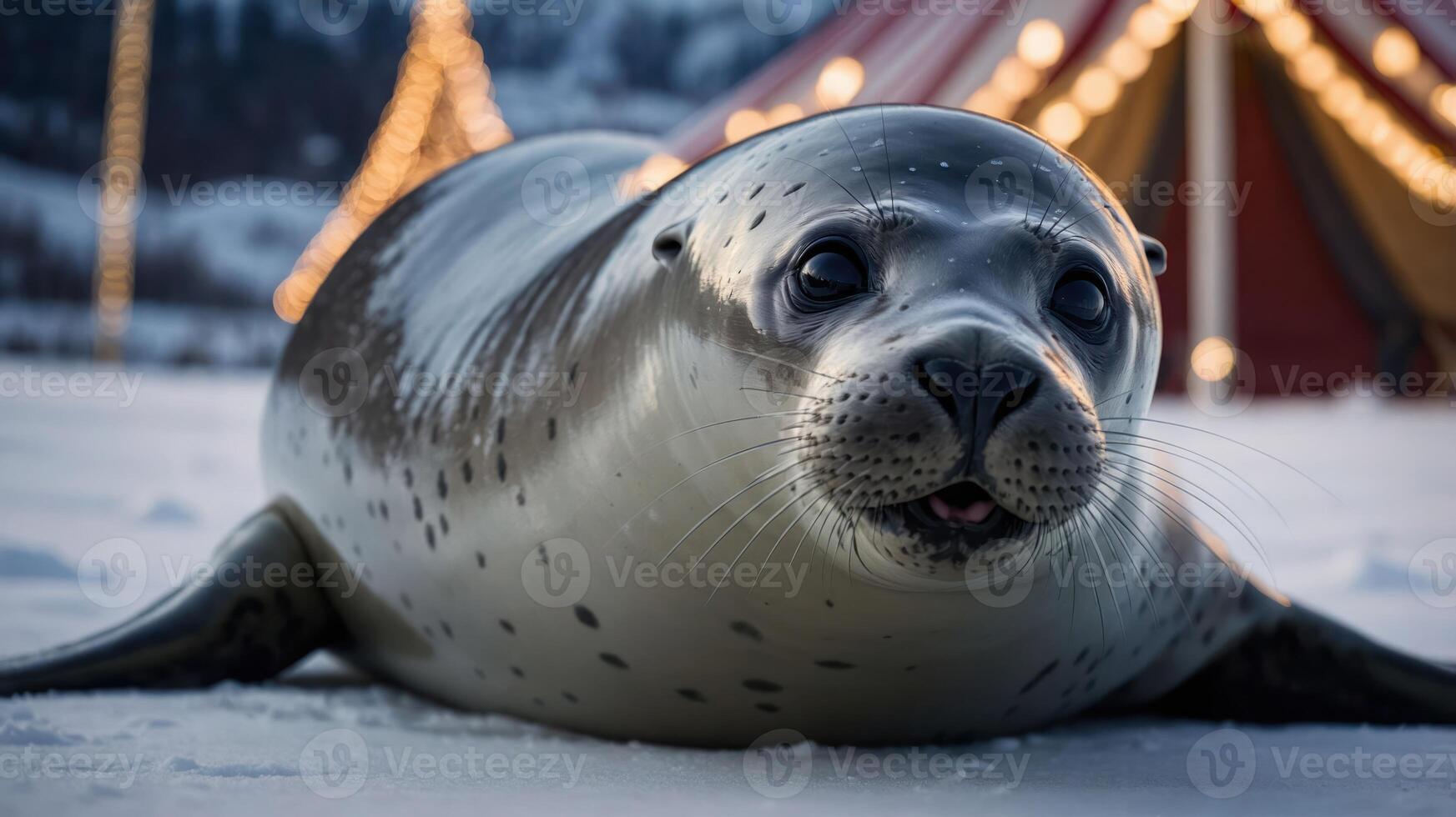 A close-up of a seal resting on snow with a festive tent in the background. photo